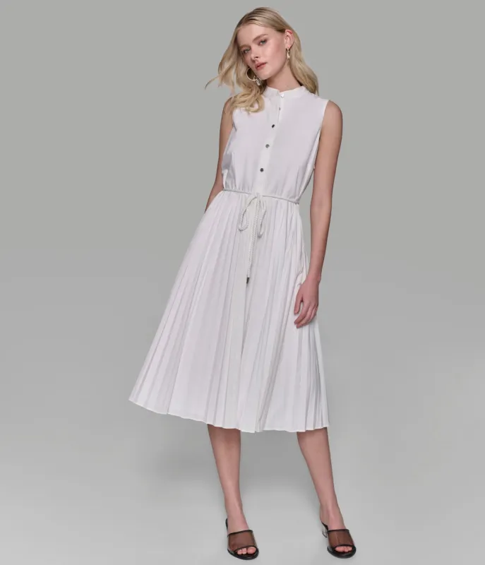 SLEEVELESS PLEATED POPLIN MIDI SHIRT DRESS sold by Karl Lagerfeld Paris