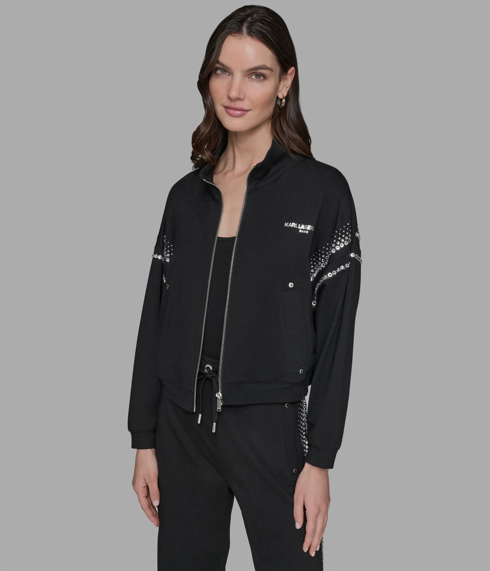 RHINESTONE TRIM TRACK JACKET sold by Karl Lagerfeld Paris