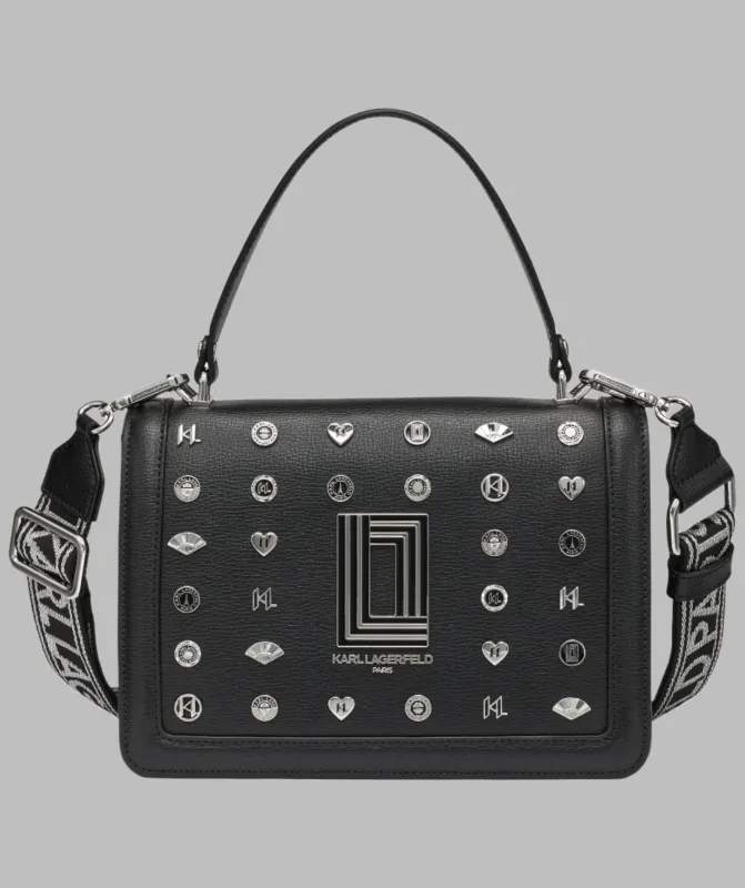 SIMONE LEATHER FLAP SATCHEL WITH PINS sold by Karl Lagerfeld Paris