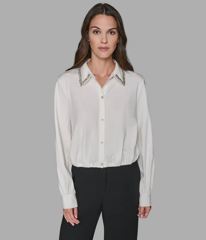 LONG SLEEVE EMBELLISHED SATIN BLOUSE sold by Karl Lagerfeld Paris