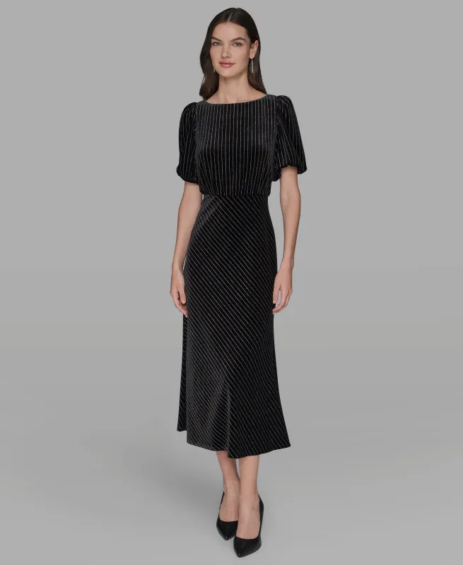 VELVET PINSTRIPE MIDI WITH EMBELLISHED NECKLINE sold by Karl Lagerfeld Paris