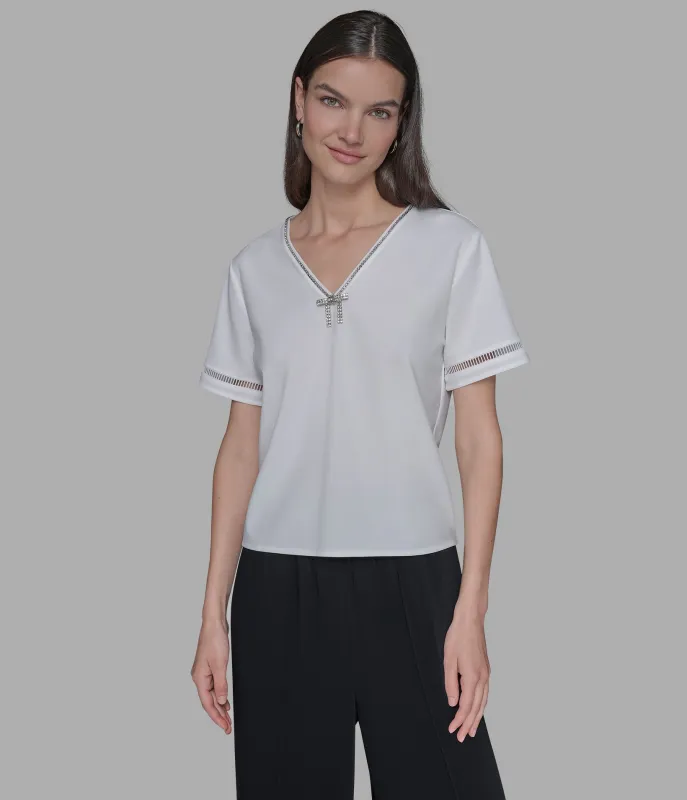 SHORT SLEEVE EMBELLISHED KNIT CREPE TOP sold by Karl Lagerfeld Paris