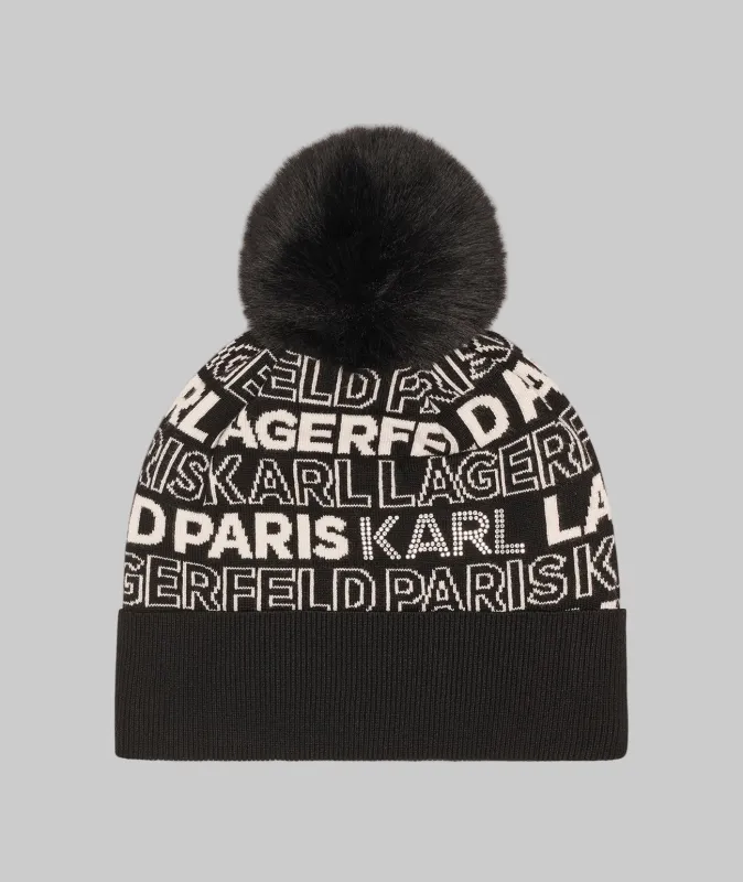 KLP LOGO STUD FAUX FUR POM HAT sold by Karl Lagerfeld Paris