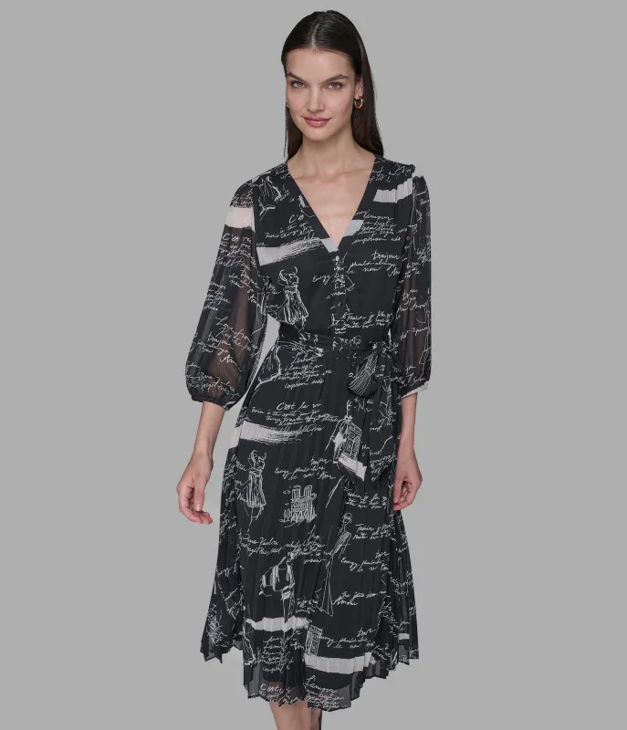 PRINTED PLEATED MIDI WRAP DRESS sold by Karl Lagerfeld Paris