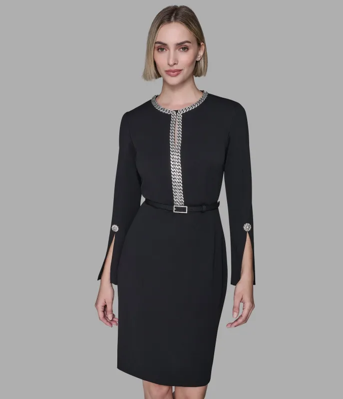 SCUBA CREPE SHEATH DRESS WITH CHAIN TRIMS sold by Karl Lagerfeld Paris
