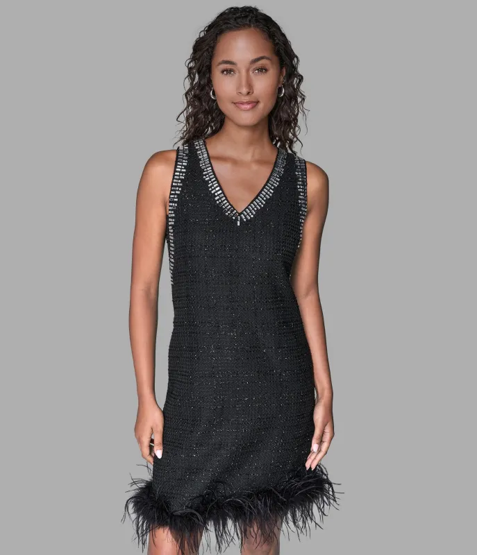 SHIMMER BLACK TWEED SHIFT DRESS WITH FEATHER TRIM sold by Karl Lagerfeld Paris