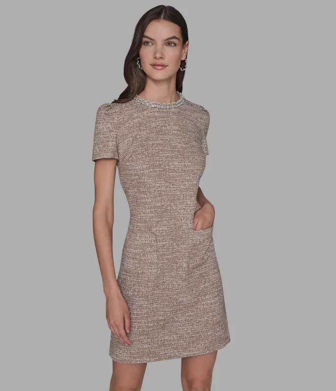 KNIT TWEED SHIFT DRESS WITH PEARL TRIM sold by Karl Lagerfeld Paris