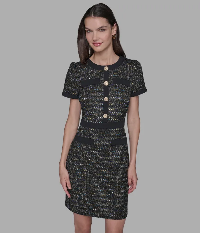 METALLIC TWEED BUTTON-DETAILED SHEATH sold by Karl Lagerfeld Paris