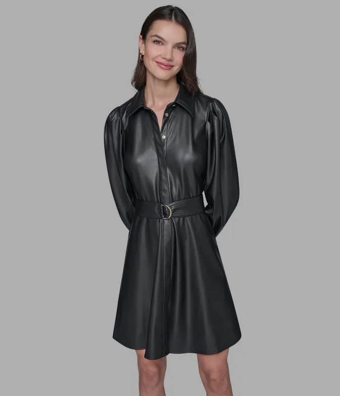 BELTED FAUX-LEATHER SHIRT DRESS sold by Karl Lagerfeld Paris