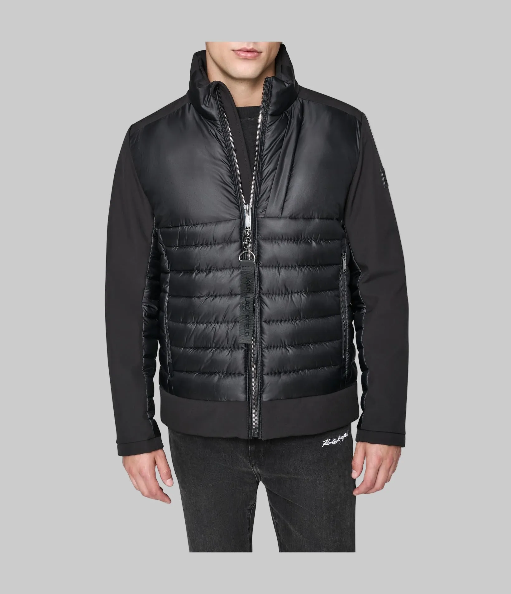 STAND COLLAR MIXED MEDIA PUFFER sold by Karl Lagerfeld Paris