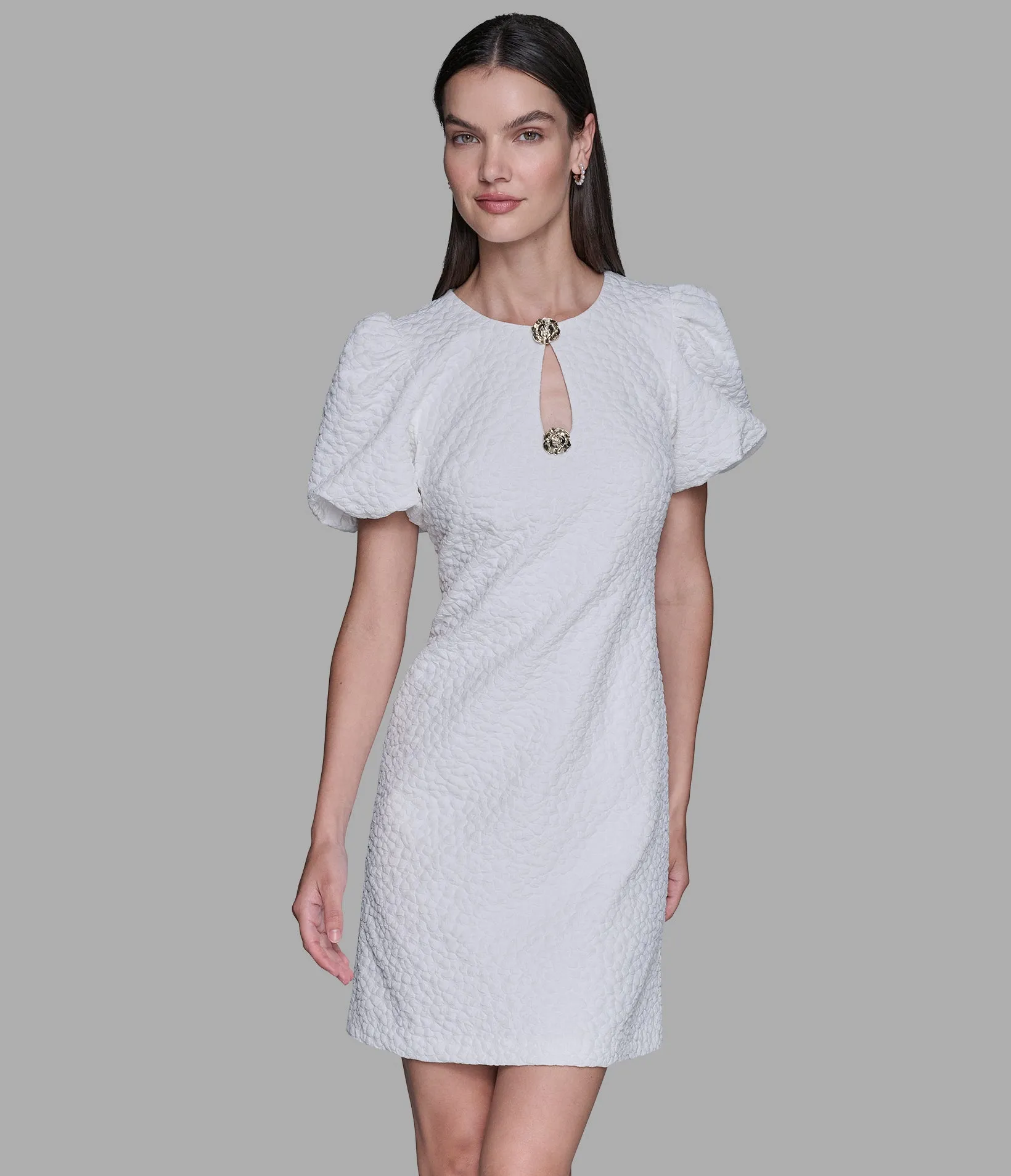 FLORAL JACQUARD DRESS WITH PUFF SLEEVES sold by Karl Lagerfeld Paris