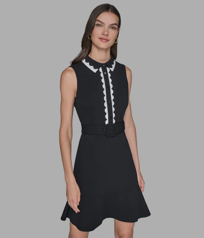 SCUBA CREPE A-LINE DRESS WITH SCALLOP TRIM sold by Karl Lagerfeld Paris