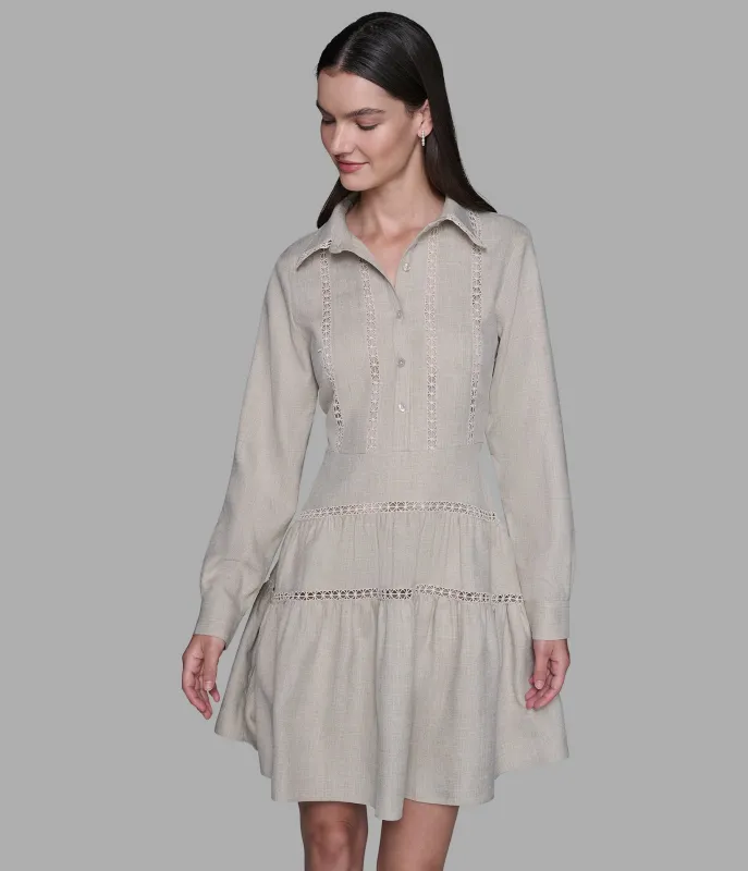 FAUX LINEN SHIRT DRESS WITH LACE TRIM sold by Karl Lagerfeld Paris