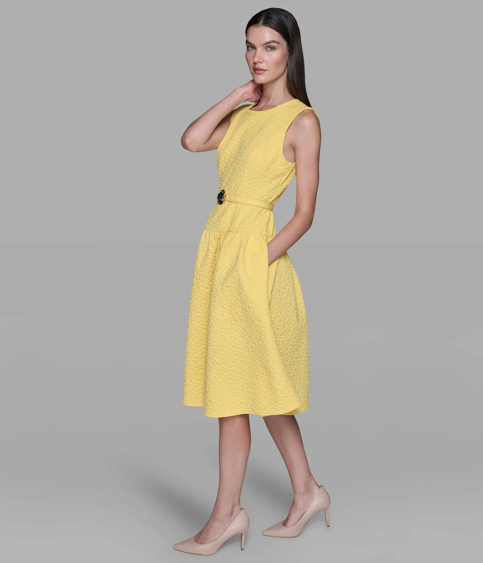 FLORAL JACQUARD A-LINE DRESS WITH FLOWER BELT sold by Karl Lagerfeld Paris product image thumbnail 3