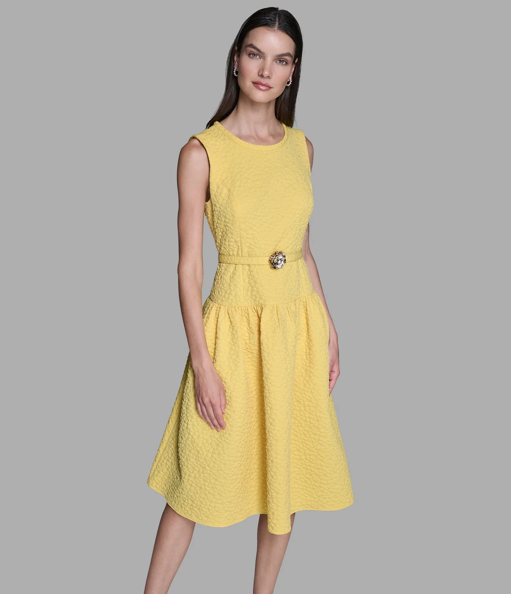 FLORAL JACQUARD A-LINE DRESS WITH FLOWER BELT sold by Karl Lagerfeld Paris