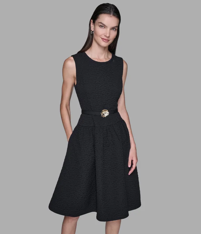 FLORAL JACQUARD A-LINE DRESS WITH FLOWER BELT sold by Karl Lagerfeld Paris