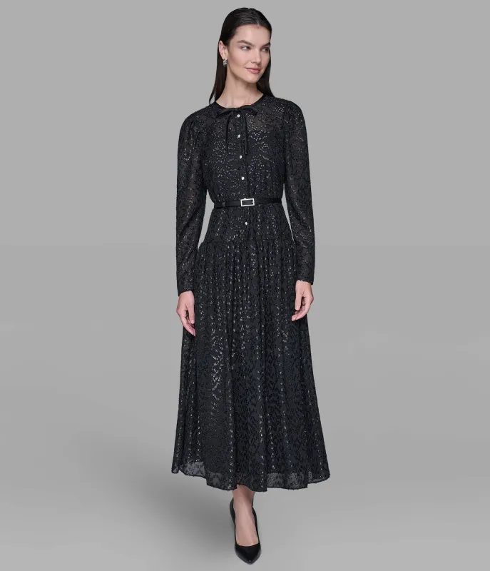 LUREX CHIFFON MIDI DRESS WITH RHINESTONE BELT sold by Karl Lagerfeld Paris