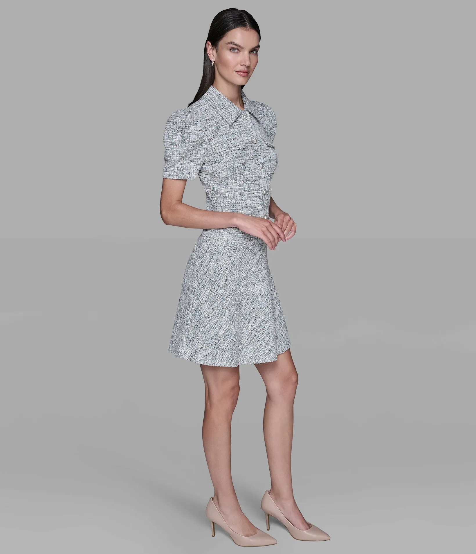 TWEED KNIT A-LINE DRESS WITH PUFF SLEEVES sold by Karl Lagerfeld Paris product image thumbnail 3