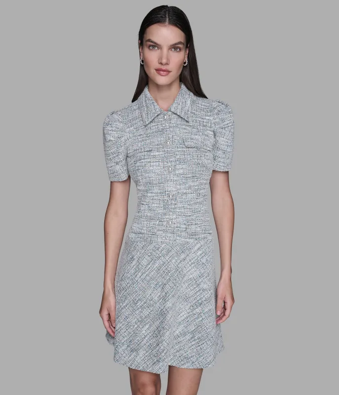 TWEED KNIT A-LINE DRESS WITH PUFF SLEEVES sold by Karl Lagerfeld Paris