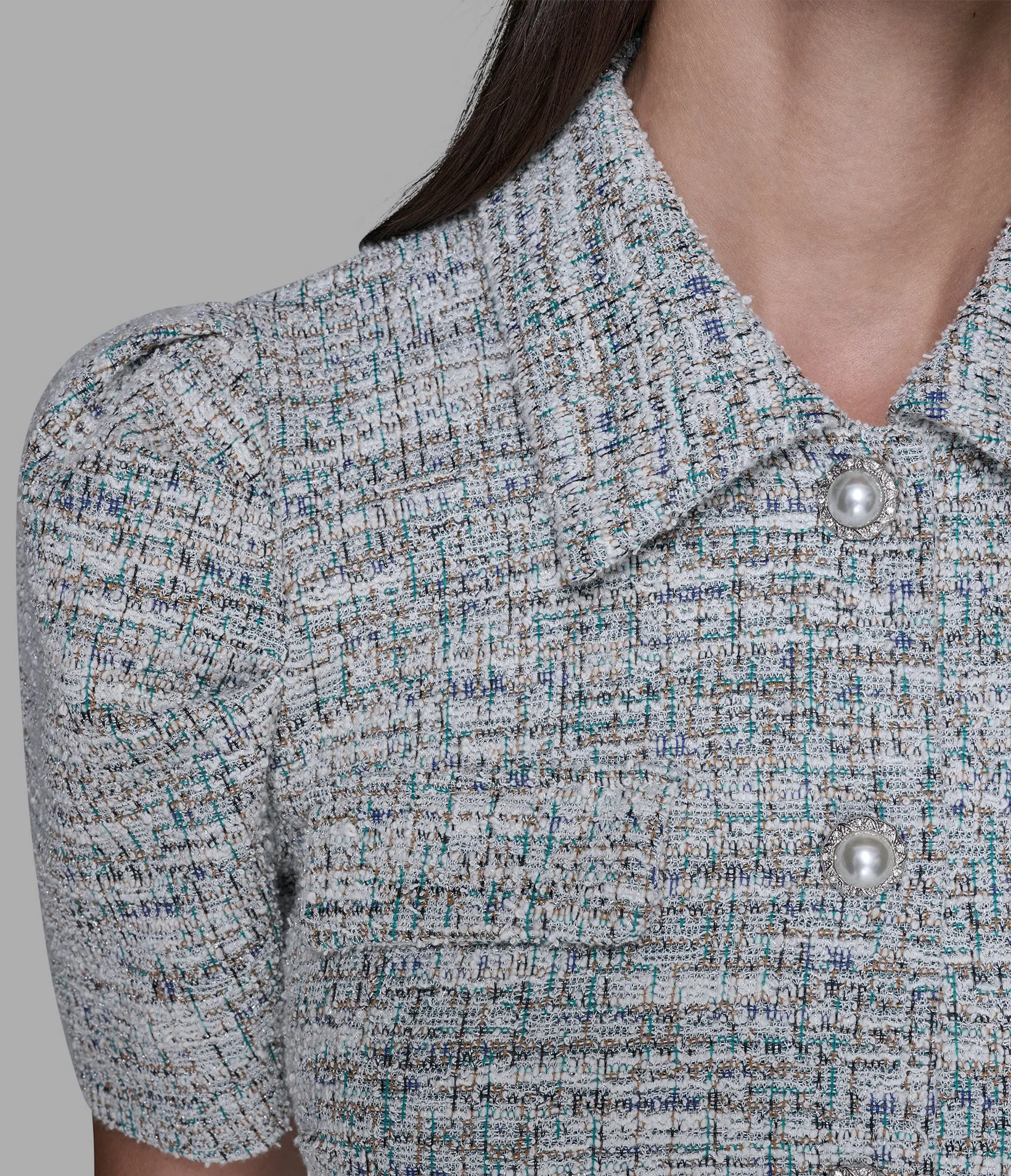 TWEED KNIT A-LINE DRESS WITH PUFF SLEEVES sold by Karl Lagerfeld Paris product image thumbnail 5