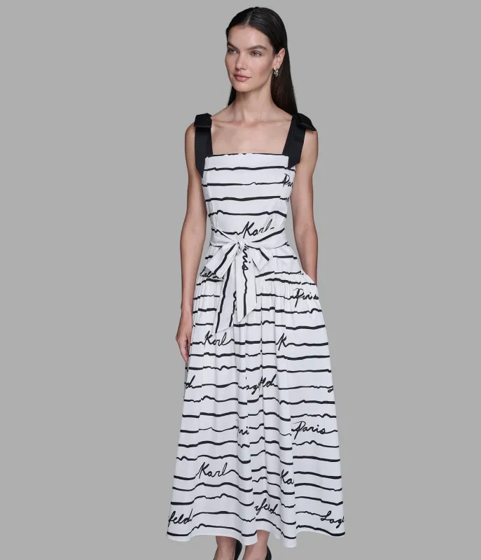 TIE-SHOULDER LOGO SCRIPT MIDI DRESS sold by Karl Lagerfeld Paris