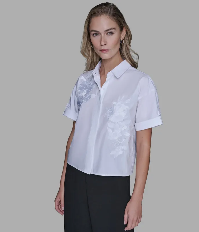 SHORT SLEEVE EMBROIDERED POPLIN SHIRT sold by Karl Lagerfeld Paris