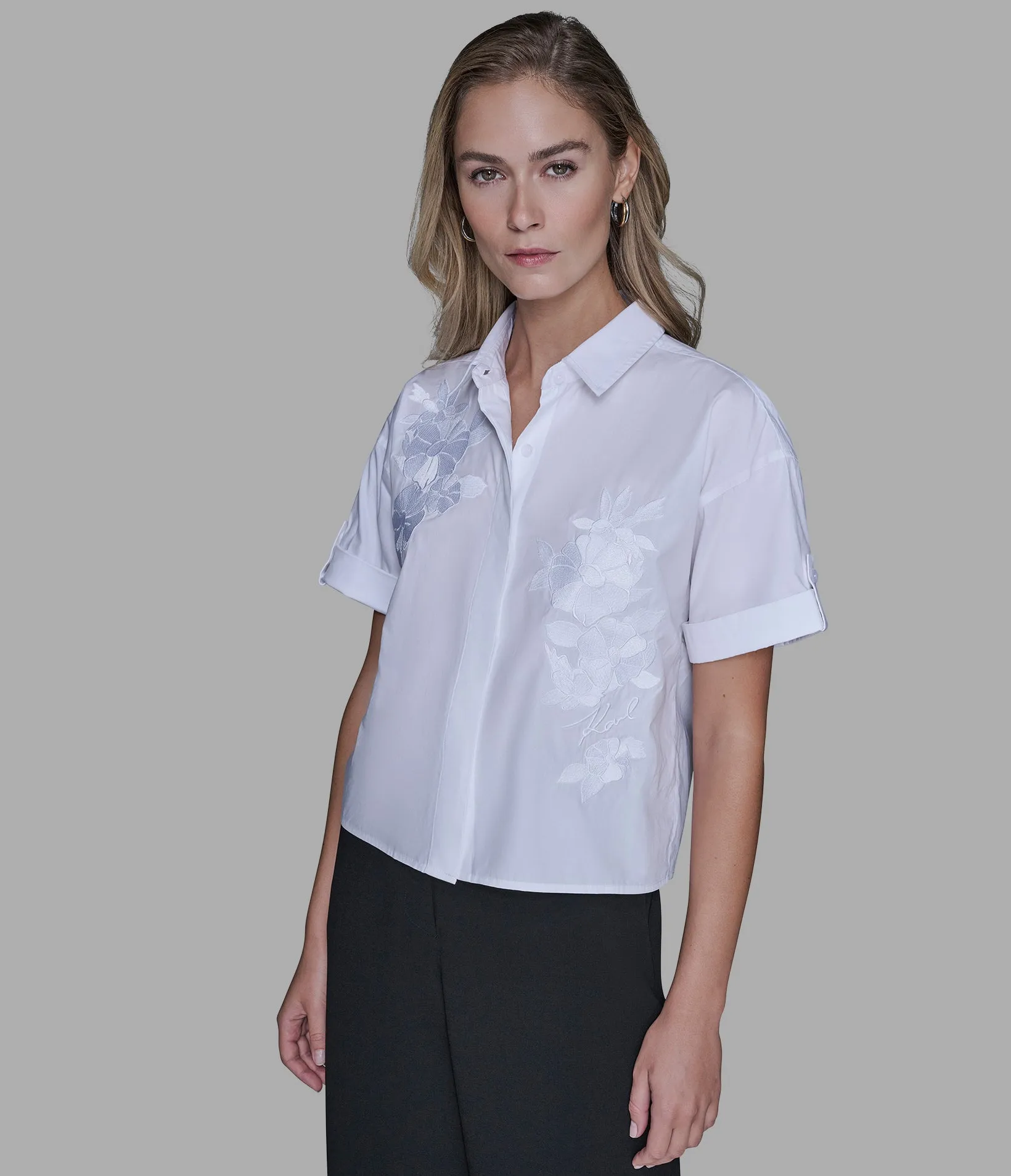 SHORT SLEEVE EMBROIDERED POPLIN SHIRT sold by Karl Lagerfeld Paris