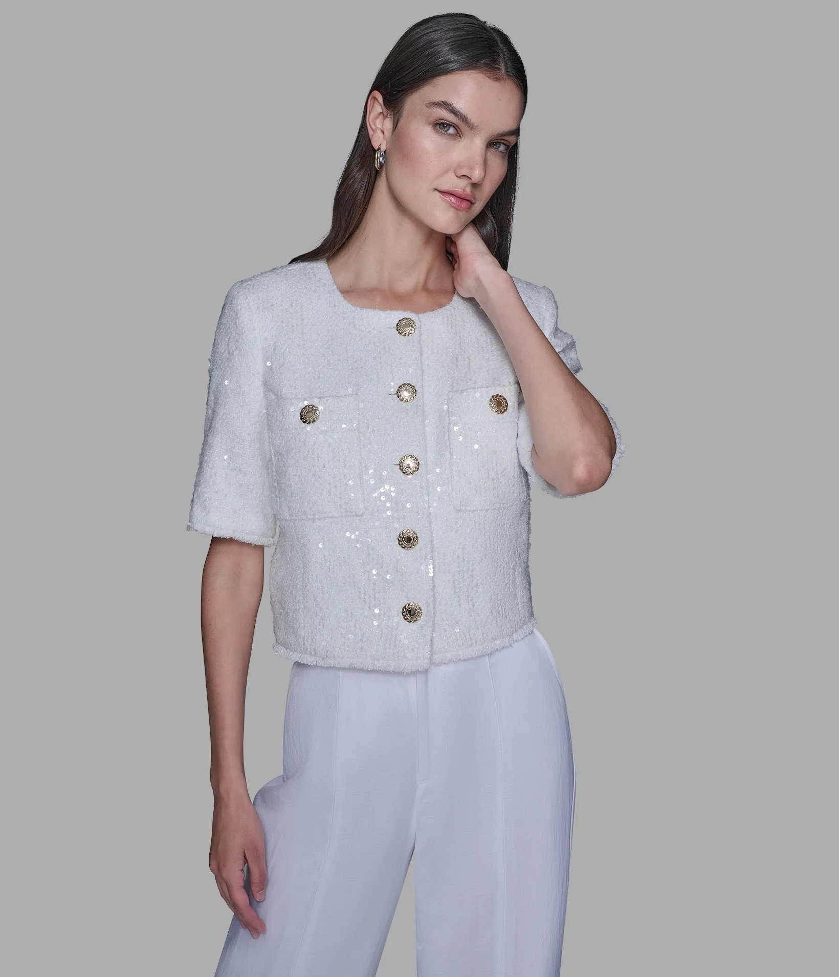 SHORT SLEEVE SHIMMER TWEED JACKET sold by Karl Lagerfeld Paris