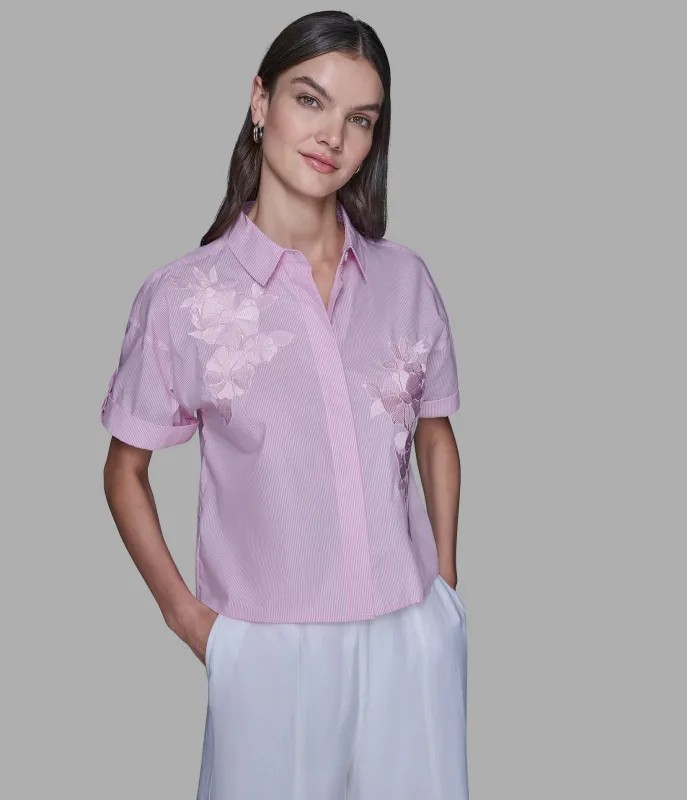 SHORT SLEEVE EMBROIDERED POPLIN SHIRT sold by Karl Lagerfeld Paris