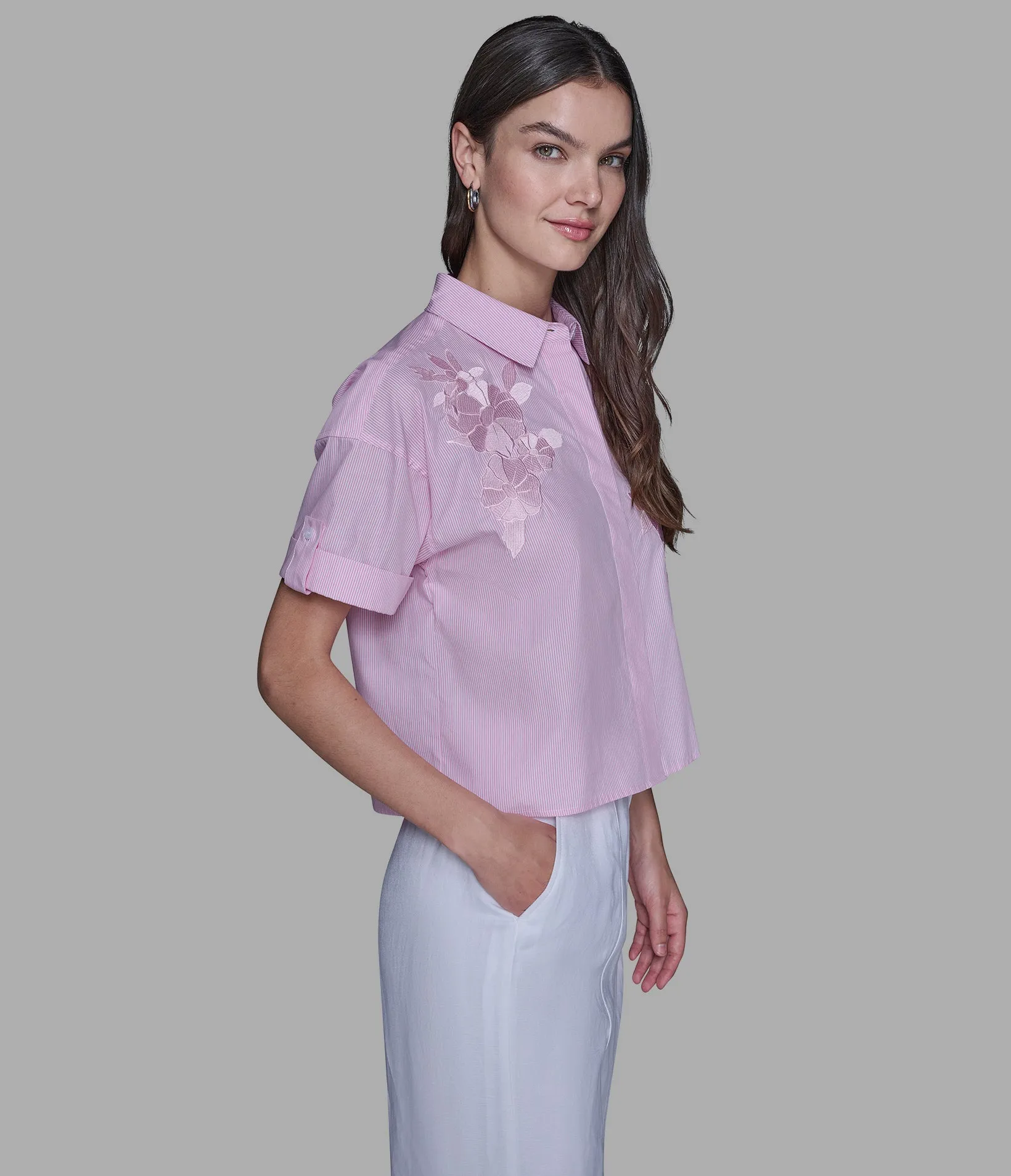 SHORT SLEEVE EMBROIDERED POPLIN SHIRT sold by Karl Lagerfeld Paris product image thumbnail 3