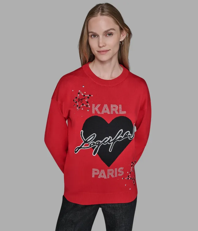 WHIMSY KARL HEART EMBELLISHED SWEATER sold by Karl Lagerfeld Paris