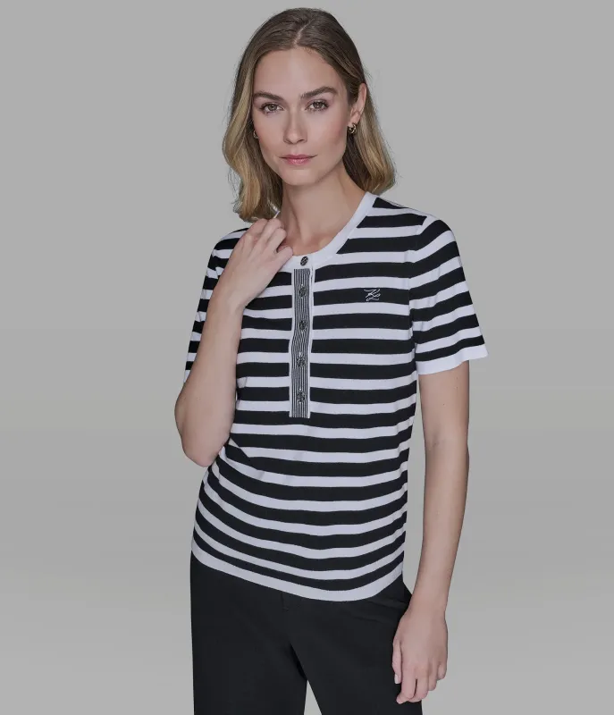 SHORT SLEEVE HENLEY STRIPED SWEATER sold by Karl Lagerfeld Paris