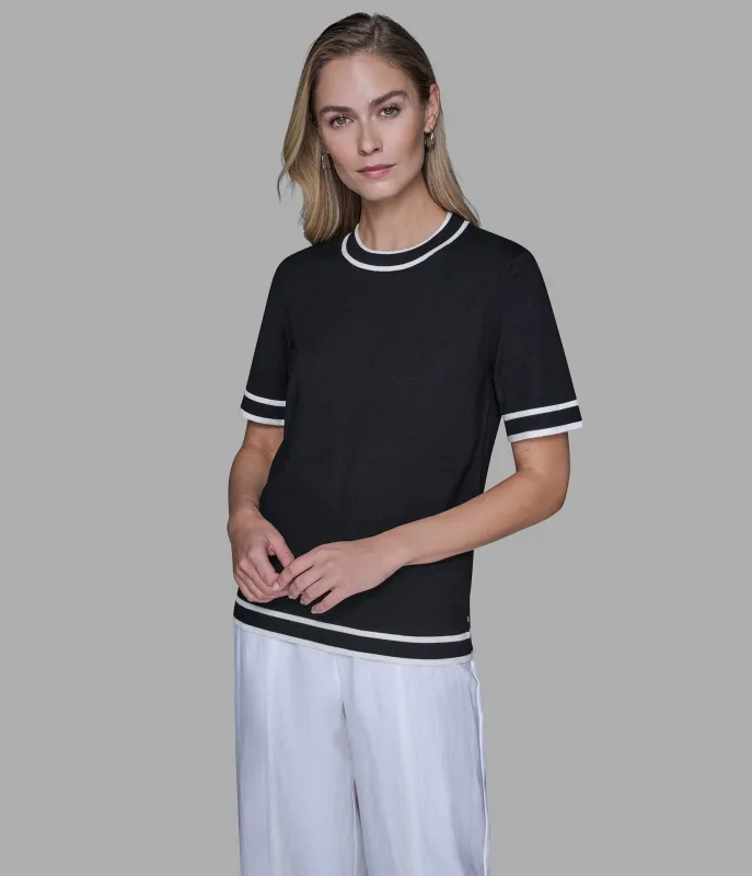 SHORT SLEEVE CONTRAST TRIM SWEATER sold by Karl Lagerfeld Paris