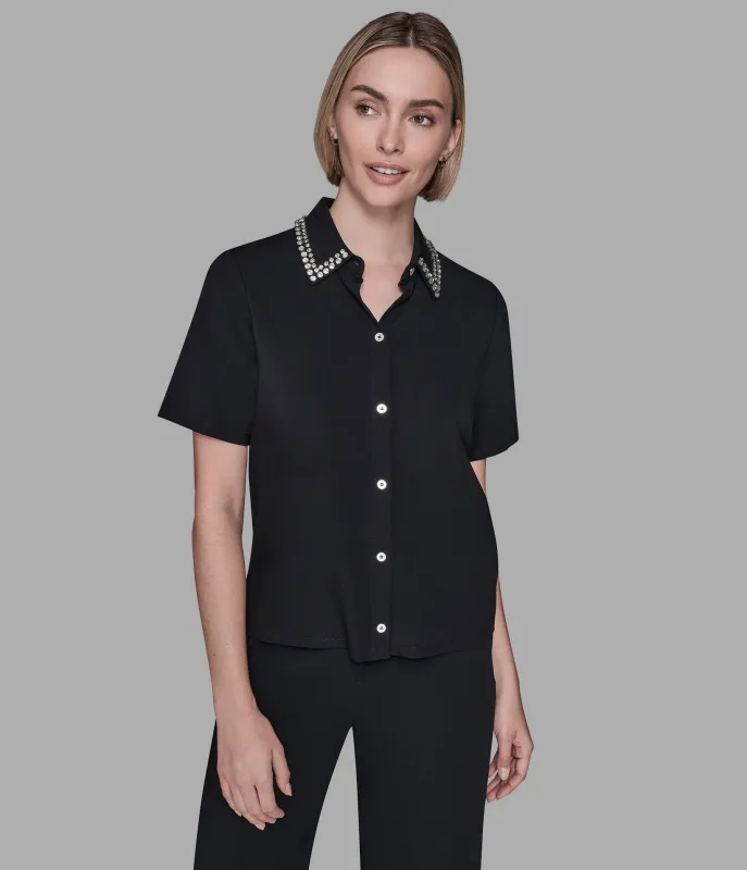 SHORT SLEEVE KNIT TOP WITH EMBELLISHED COLLAR sold by Karl Lagerfeld Paris