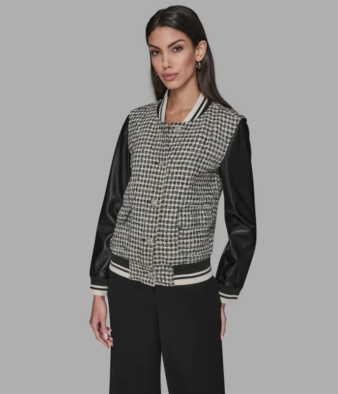 MIXED MEDIA TWEED VARSITY JACKET sold by Karl Lagerfeld Paris