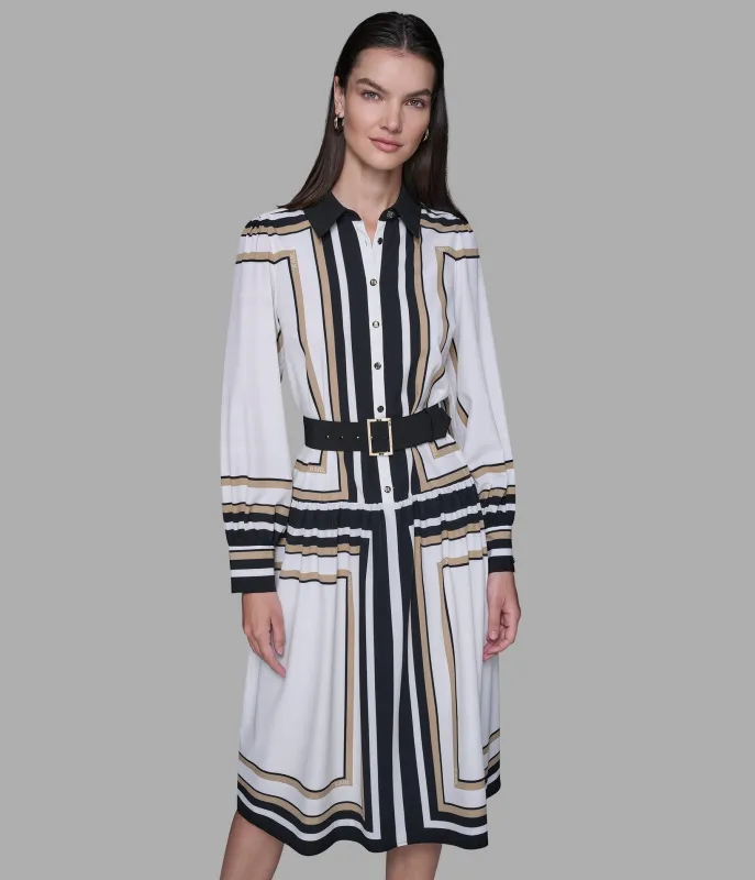 PRINTED SILKY CREPE SHIRT DRESS WITH BELT sold by Karl Lagerfeld Paris