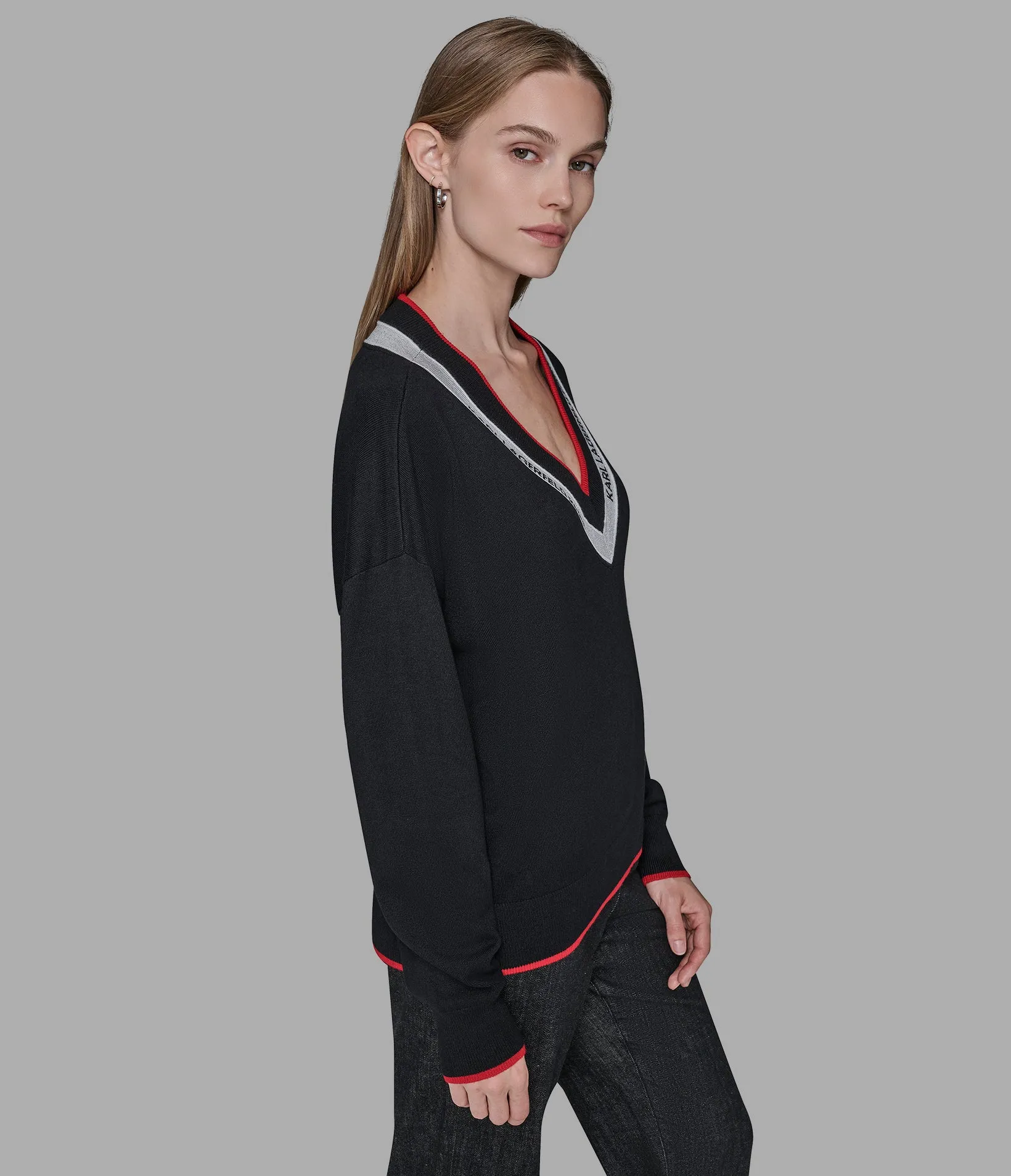 V-NECK LOGO TAPE SWEATER sold by Karl Lagerfeld Paris product image thumbnail 4