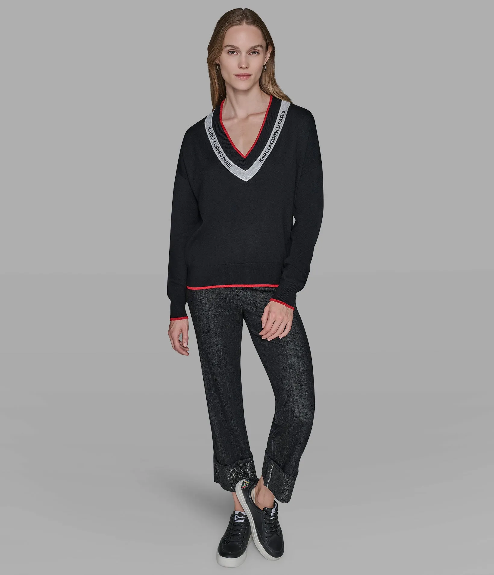 V-NECK LOGO TAPE SWEATER sold by Karl Lagerfeld Paris product image thumbnail 3