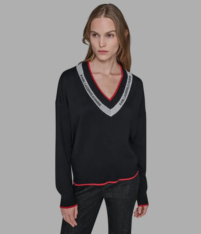 V-NECK LOGO TAPE SWEATER sold by Karl Lagerfeld Paris