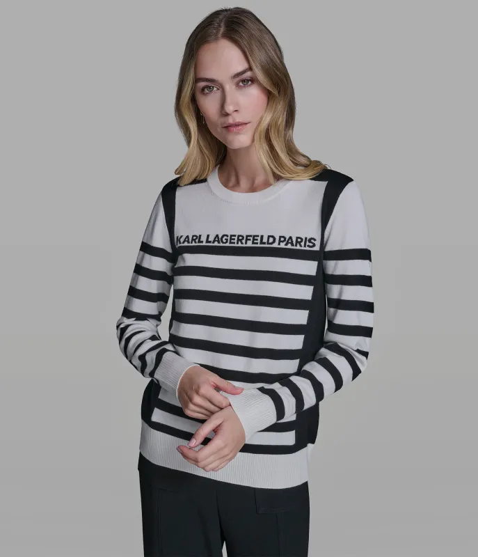 LONG SLEEVE STRIPED LOGO SWEATER sold by Karl Lagerfeld Paris