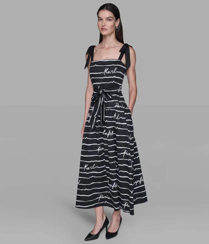 TIE-SHOULDER LOGO SCRIPT MIDI DRESS sold by Karl Lagerfeld Paris