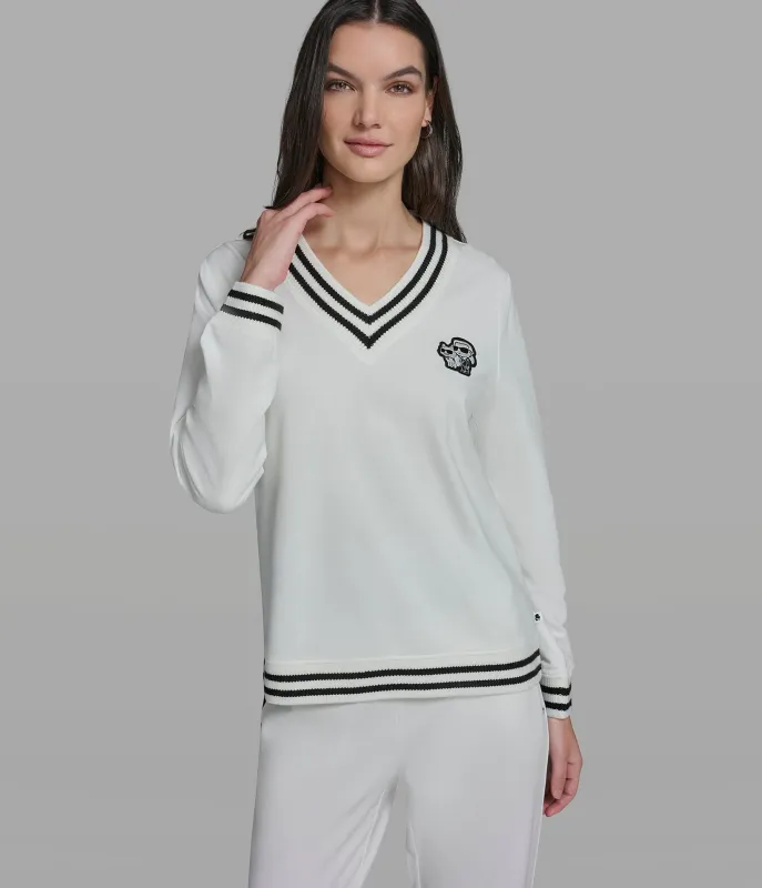 VARSITY PATCH V-NECK SWEATSHIRT sold by Karl Lagerfeld Paris