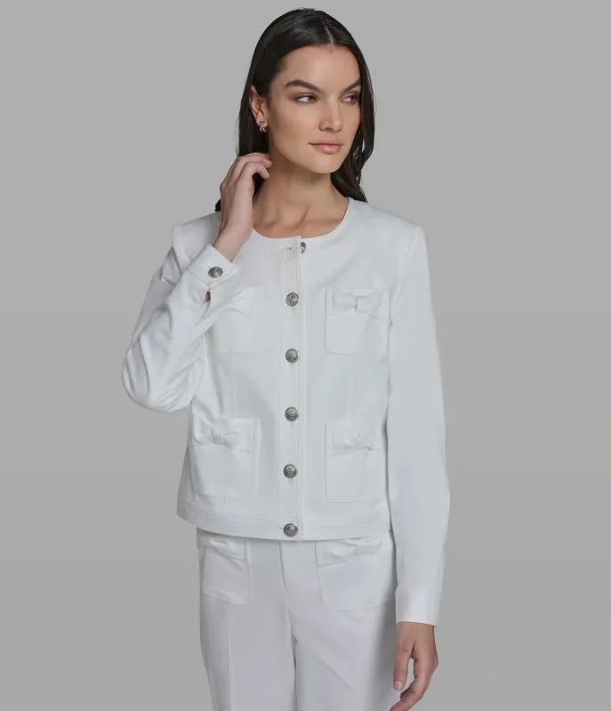 COTTON-BLEND DENIM BOW LADY JACKET made by Karl Lagerfeld Paris