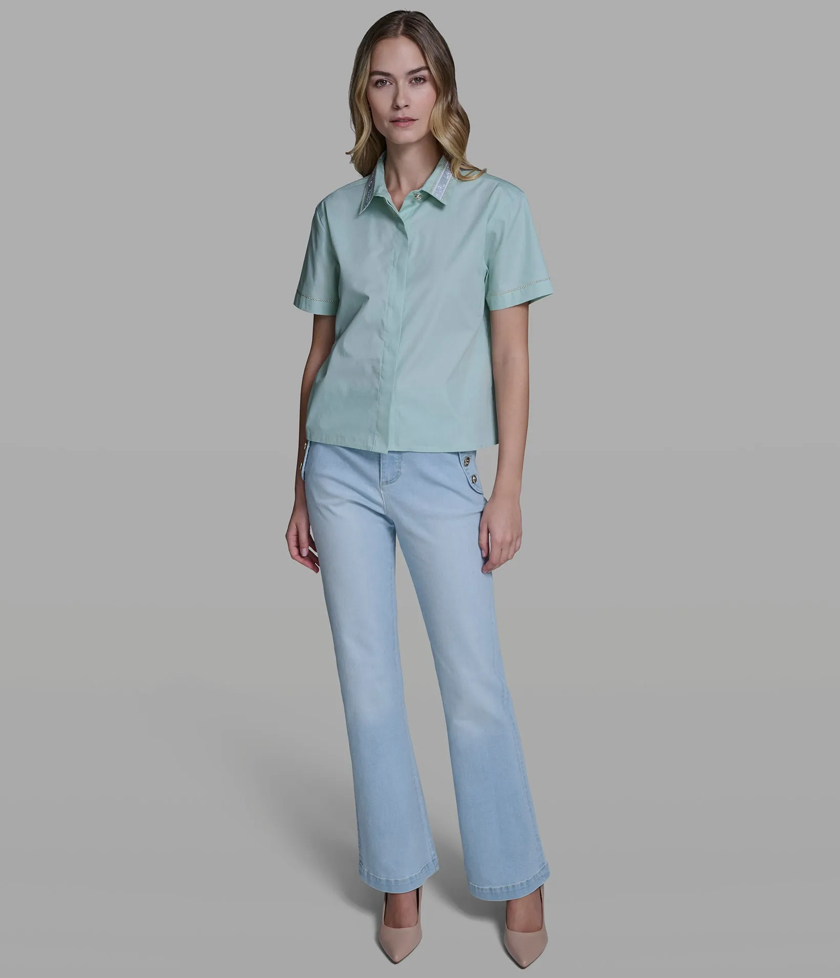 COTTON-POPLIN LOGO EMBROIDERED CAMP SHIRT sold by Karl Lagerfeld Paris