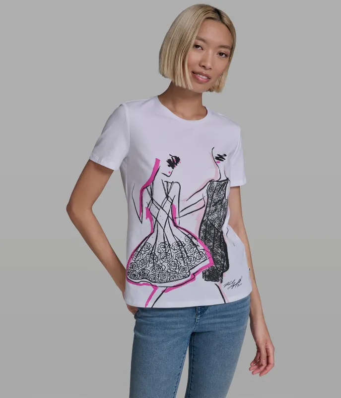 COTTON JERSEY FASHION GIRL SKETCH TEE made by Karl Lagerfeld Paris