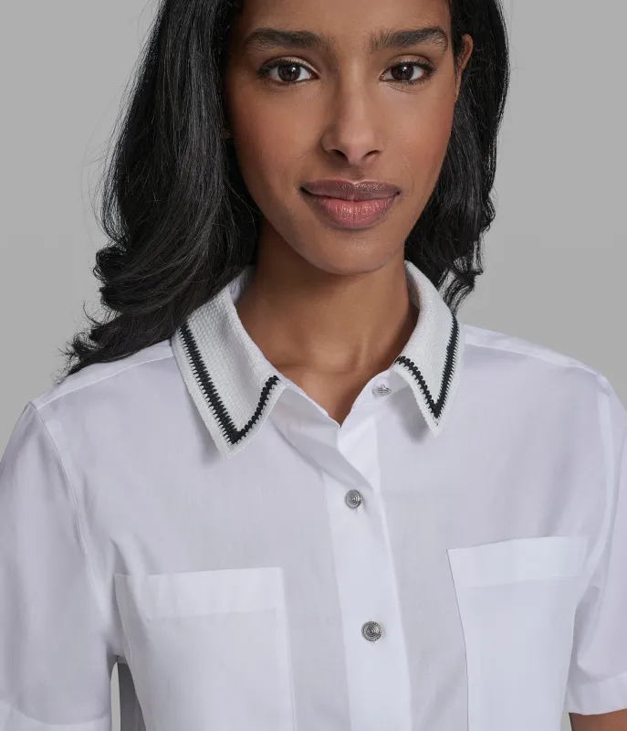 SHORT SLEEVE CROCHET COLLAR POPLIN SHIRT made by Karl Lagerfeld Paris