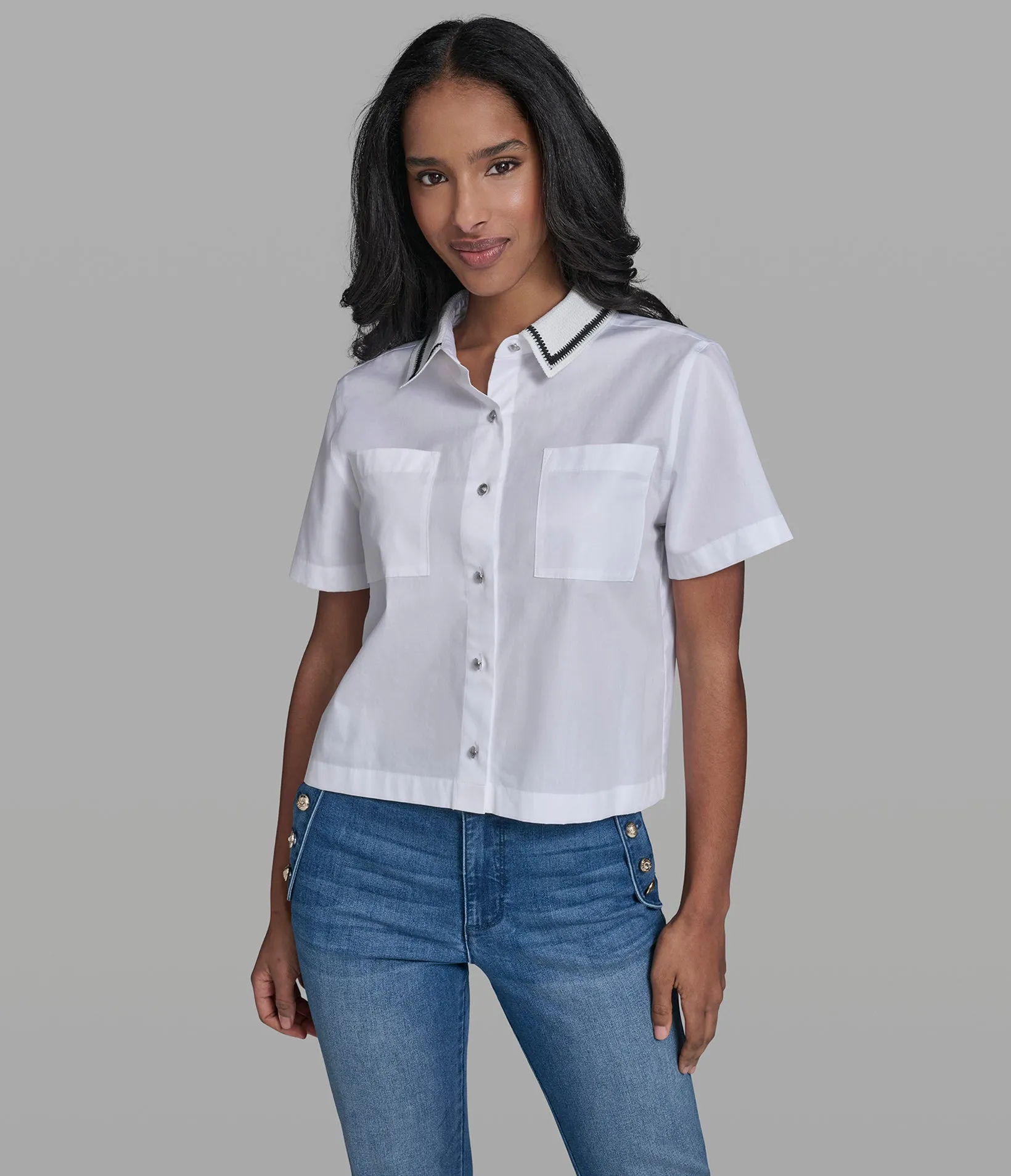 SHORT SLEEVE CROCHET COLLAR POPLIN SHIRT sold by Karl Lagerfeld Paris product image thumbnail 4