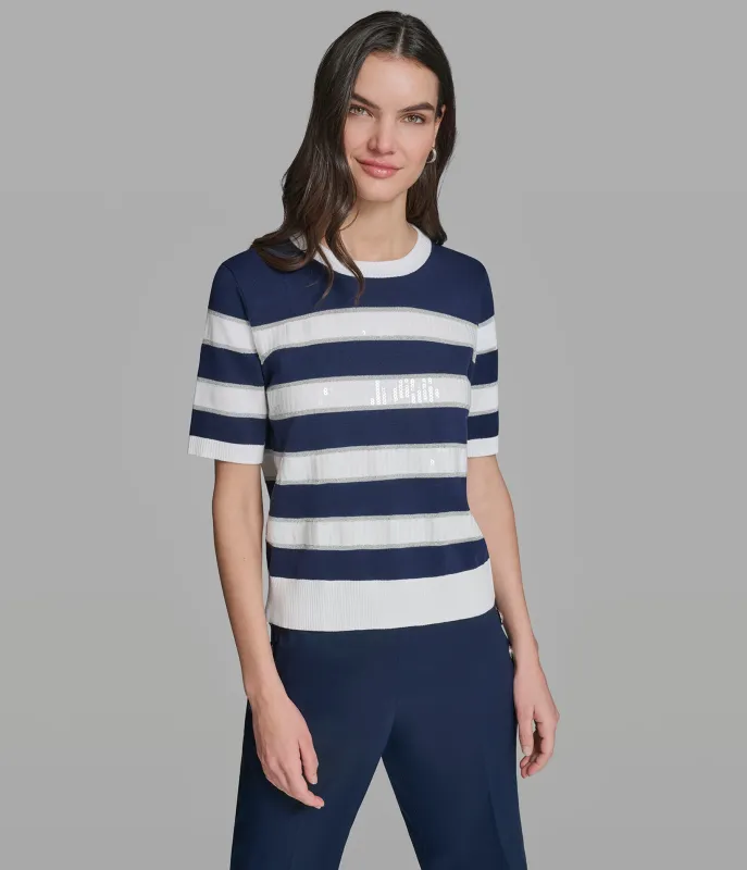 SEQUIN STRIPE KNIT TOP made by Karl Lagerfeld Paris