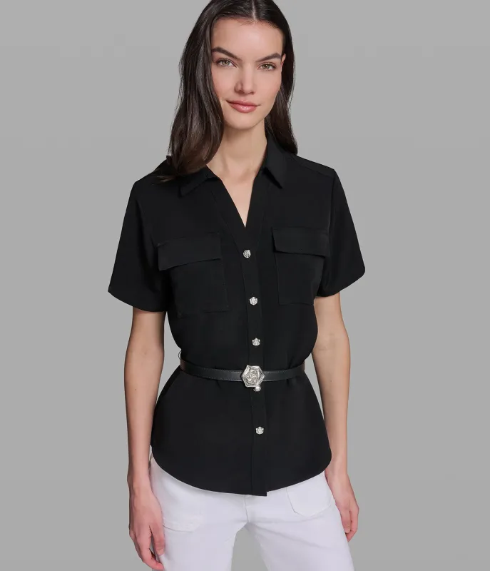 SHORT SLEEVE TOP WITH FLOWER BELT made by Karl Lagerfeld Paris
