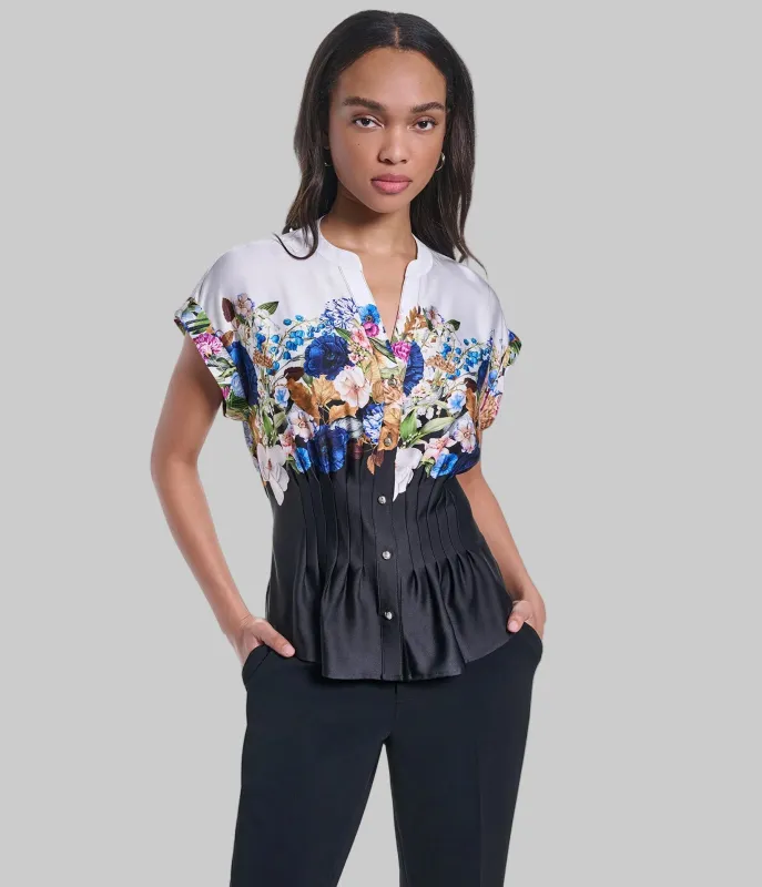 SHORT SLEEVE FLORAL GARDEN PRINT BLOUSE made by Karl Lagerfeld Paris